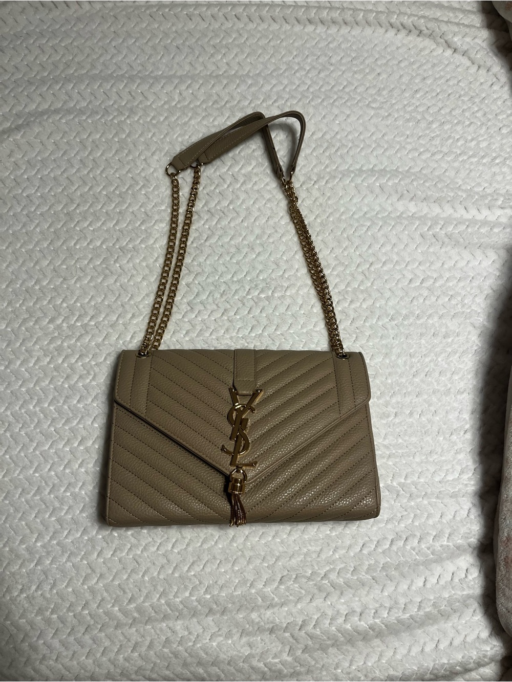 Saint Laurent Chevron Quilted Shoulder Bag in Taupe with Gold Hardware